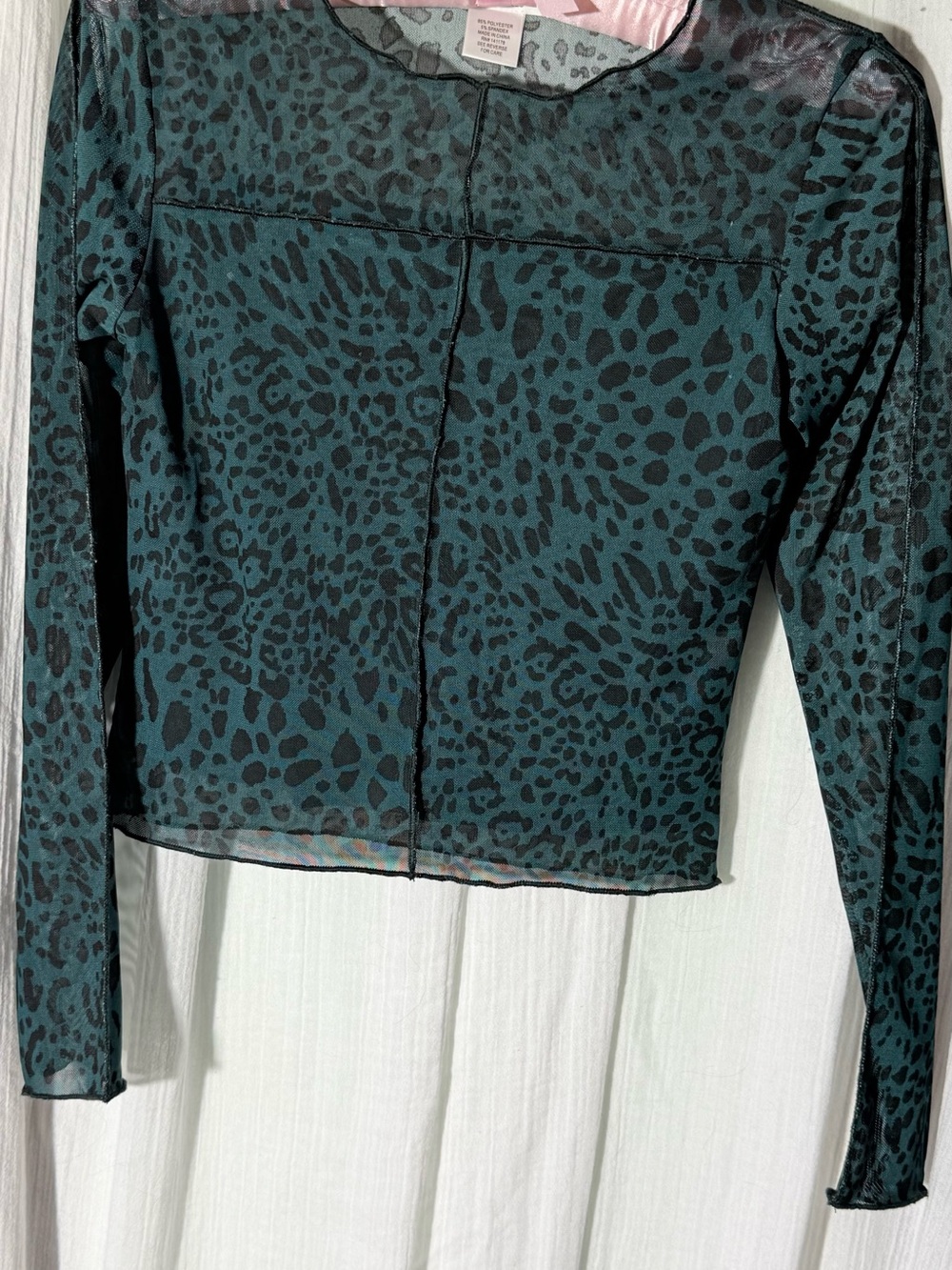 iris Teal and Black Leopard-Print Mesh Long Sleeve Top